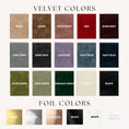Load image into Gallery viewer, a collection of twelve different foil colors, each with a unique color name such as Beige, Camel, Dusty Rose, Red, Burgundy, Light Gray, Dark Gray, Lavender, Navy Blue, Olive Green, Sage Green, Emerald Green, Ivory, Black, and White.