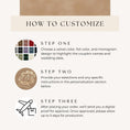 Load image into Gallery viewer, The image is a step-by-step guide on how to customize a velvet color, foil color, and monogram design to highlight the couple's names and wedding date.