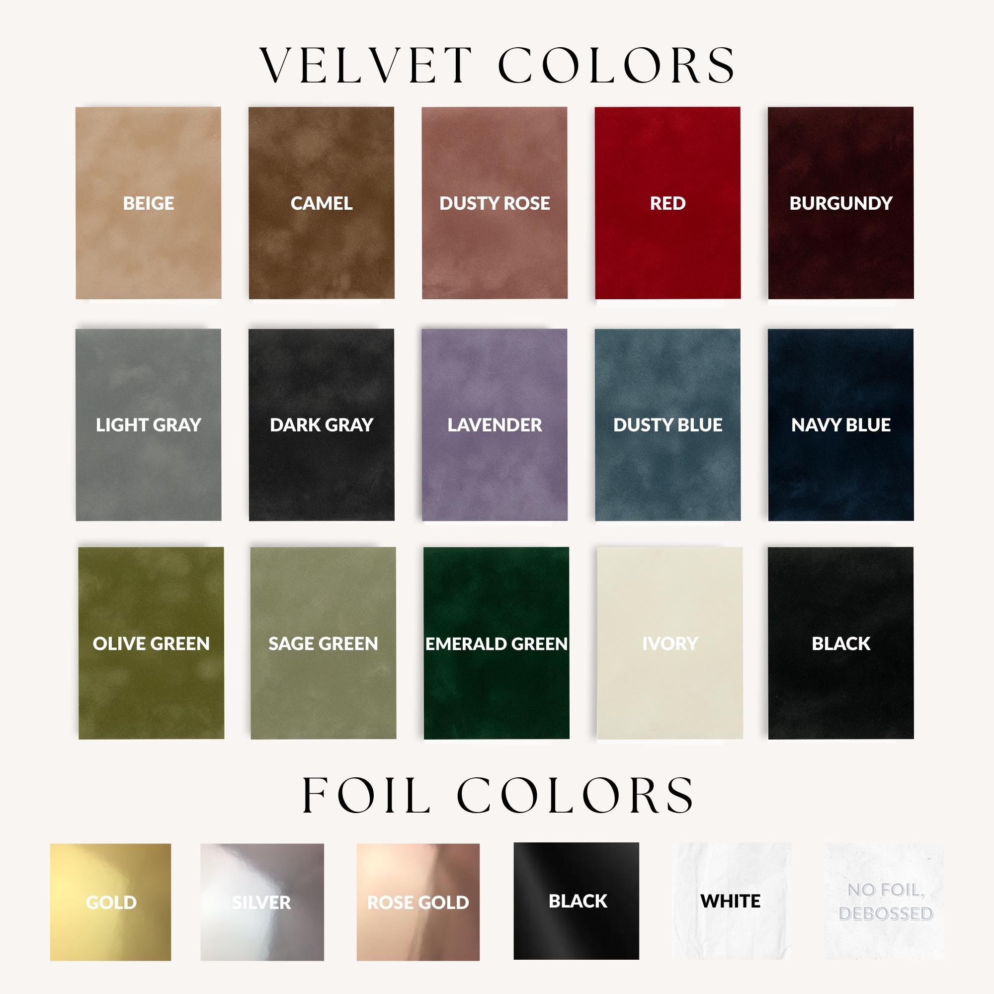 a collection of twelve different foil colors, each with a unique color name such as Beige, Camel, Dusty Rose, Red, Burgundy, Light Gray, Dark Gray, Lavender, Navy Blue, Olive Green, Sage Green, Emerald Green, Ivory, Black, and White.