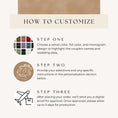 Load image into Gallery viewer, The image is a step-by-step guide on how to customize a velvet color, foil color, and monogram design to highlight the couple's names and wedding date.
