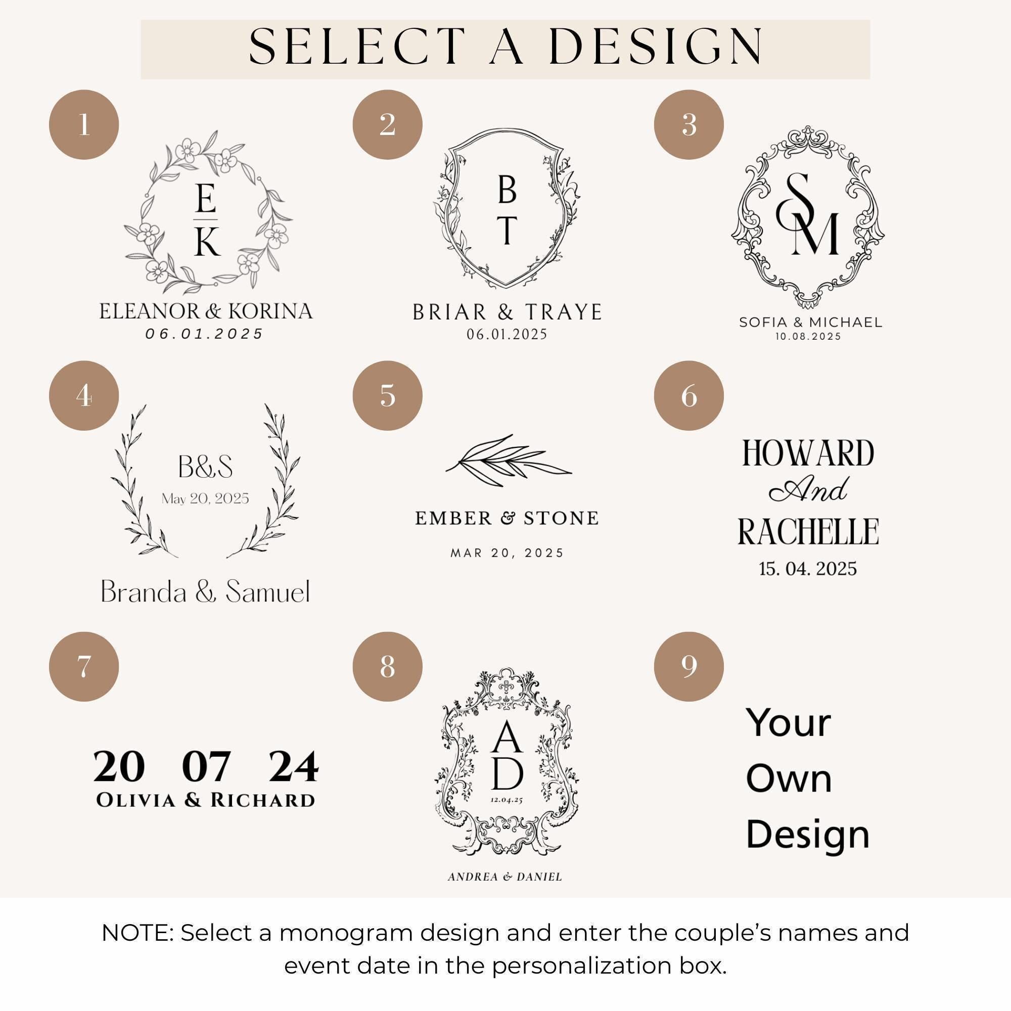 a selection of monogram designs for a couple&#39;s wedding, along with their names and event date.
