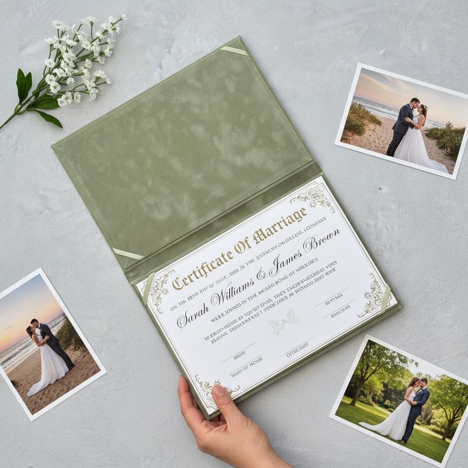 a wedding certificate, a hand holding it, and some photographs of a couple.