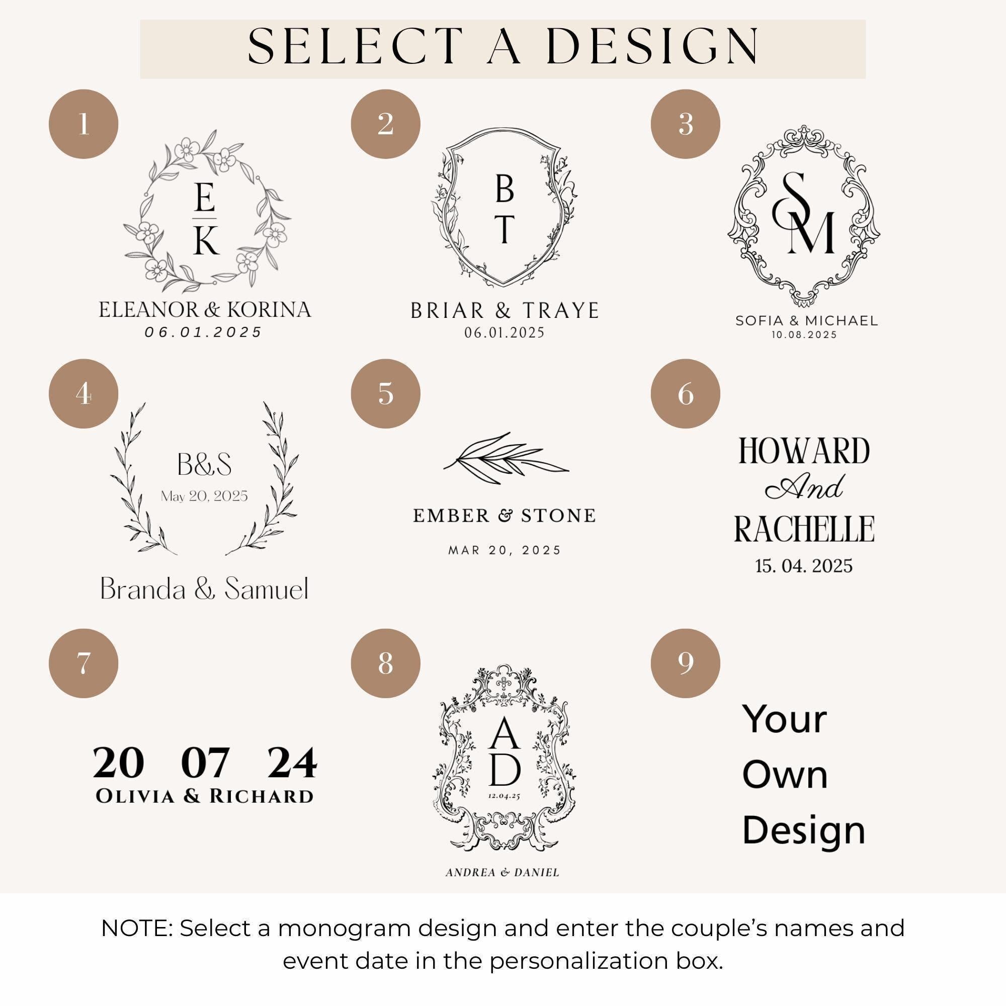 a selection of monogram designs for a couple's wedding, along with their names and event date.
