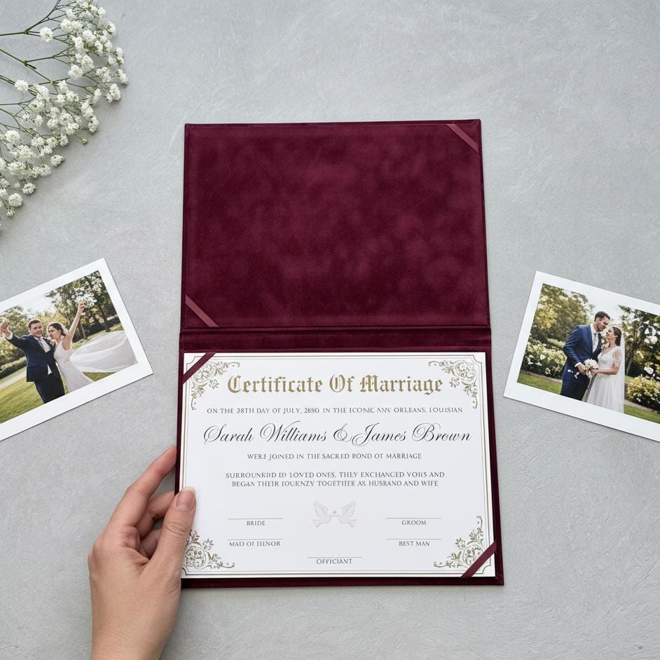 A hand is holding a burgundy-colored wedding certificate with a couple&#39;s wedding photo on the side.
