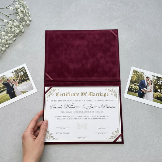 A hand is holding a burgundy-colored wedding certificate with a couple&#39;s wedding photo on the side.