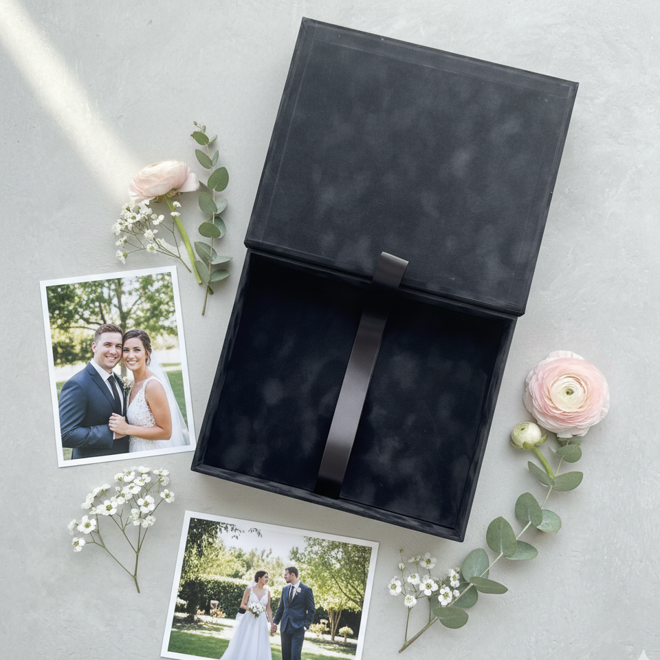 Foil Stamped Velvet Keepsake Box - Handmade Wedding Memory Box with Raised Monogram & Date