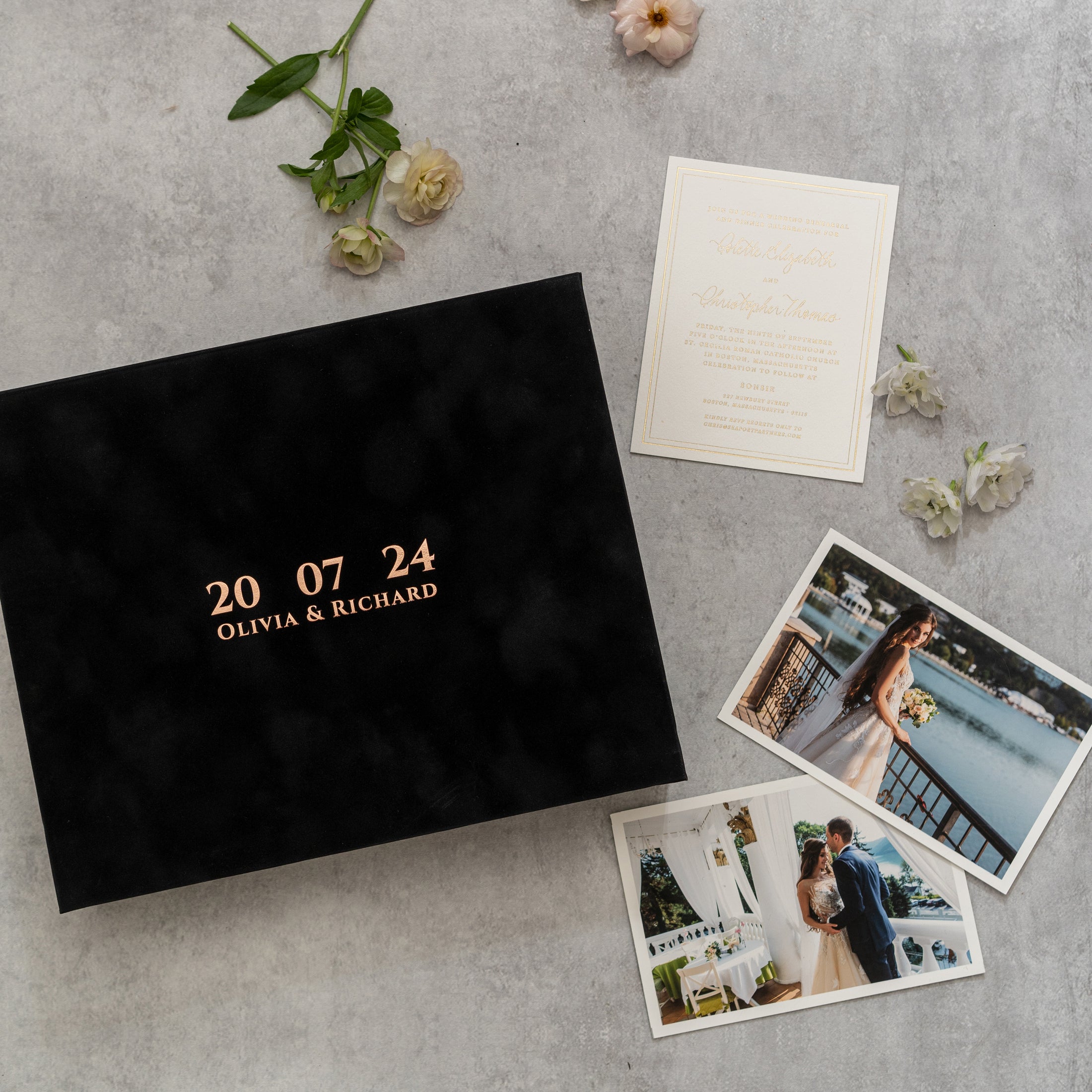 Foil Stamped Velvet Keepsake Box - Handmade Wedding Memory Box with Raised Monogram & Date