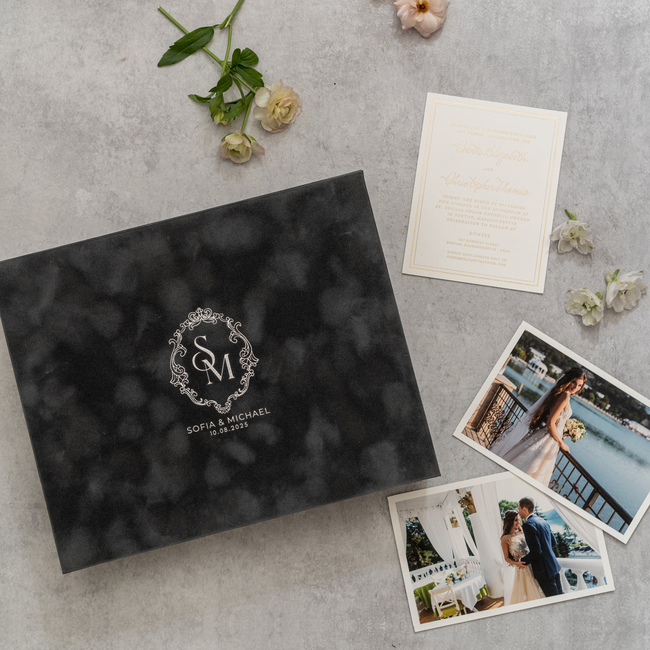 Foil Stamped Velvet Keepsake Box - Handmade Wedding Memory Box with Raised Monogram & Date