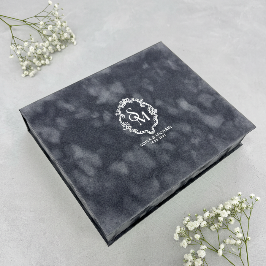 Foil Stamped Velvet Keepsake Box - Handmade Wedding Memory Box with Raised Monogram & Date