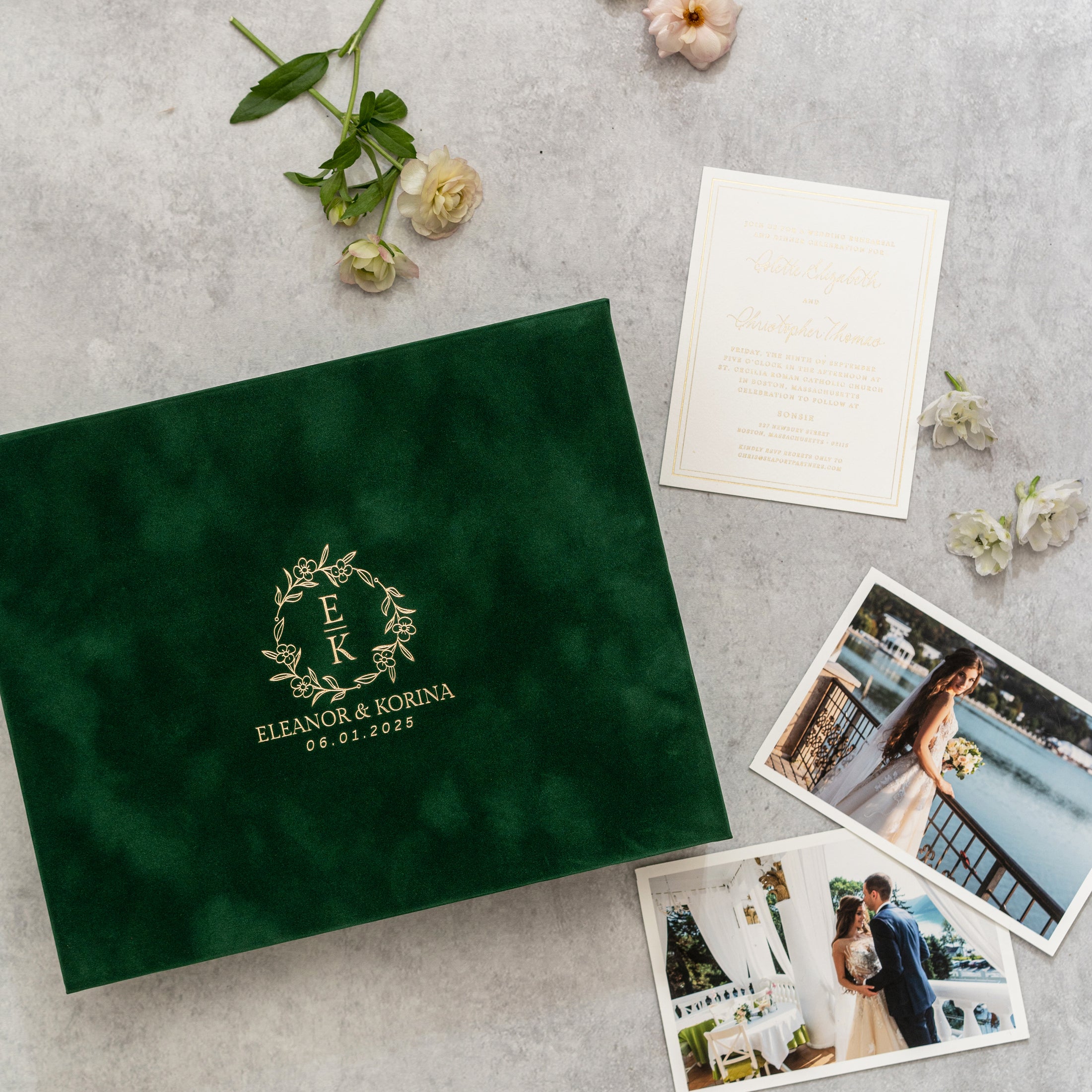 Foil Stamped Velvet Keepsake Box - Handmade Wedding Memory Box with Raised Monogram & Date