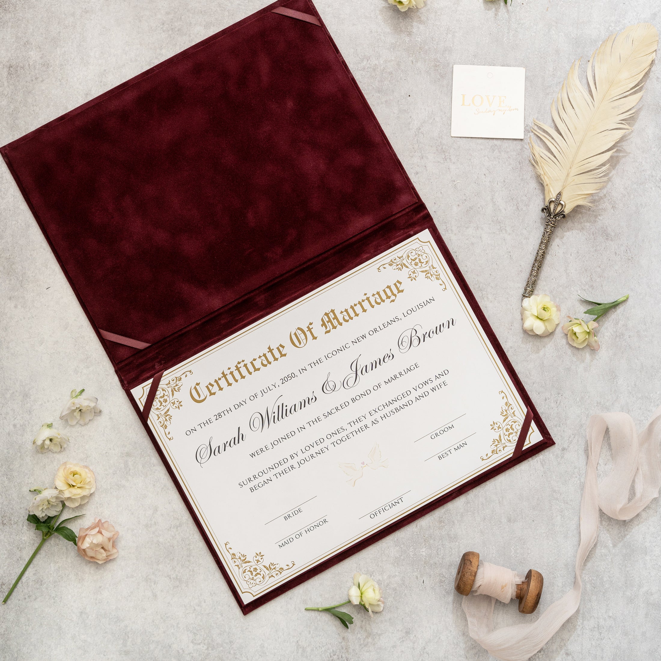 Elegant Velvet Marriage Certificate Holder - Personalized Foil Design