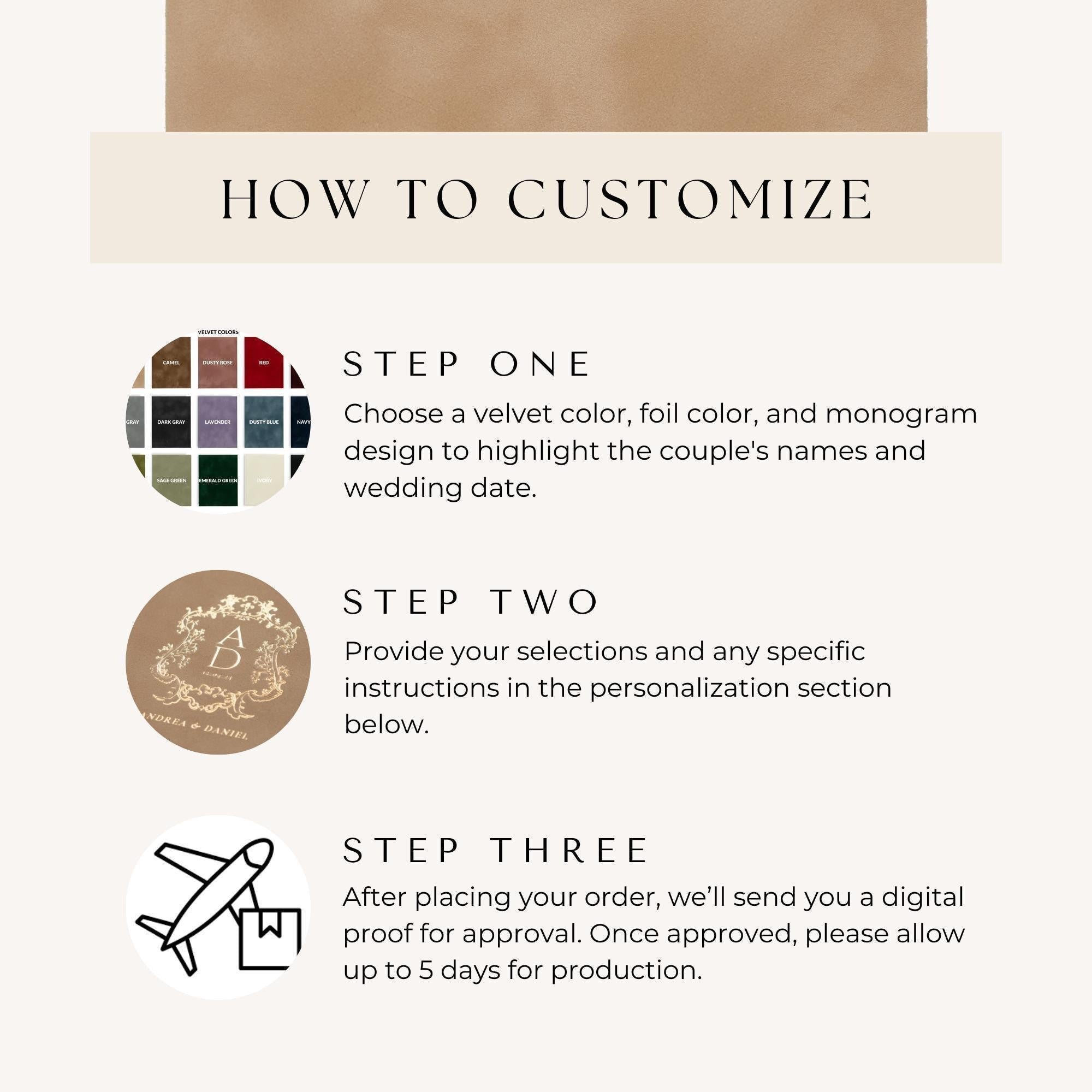 The image is a step-by-step guide on how to customize a velvet color, foil color, and monogram design to highlight the couple's names and wedding date.