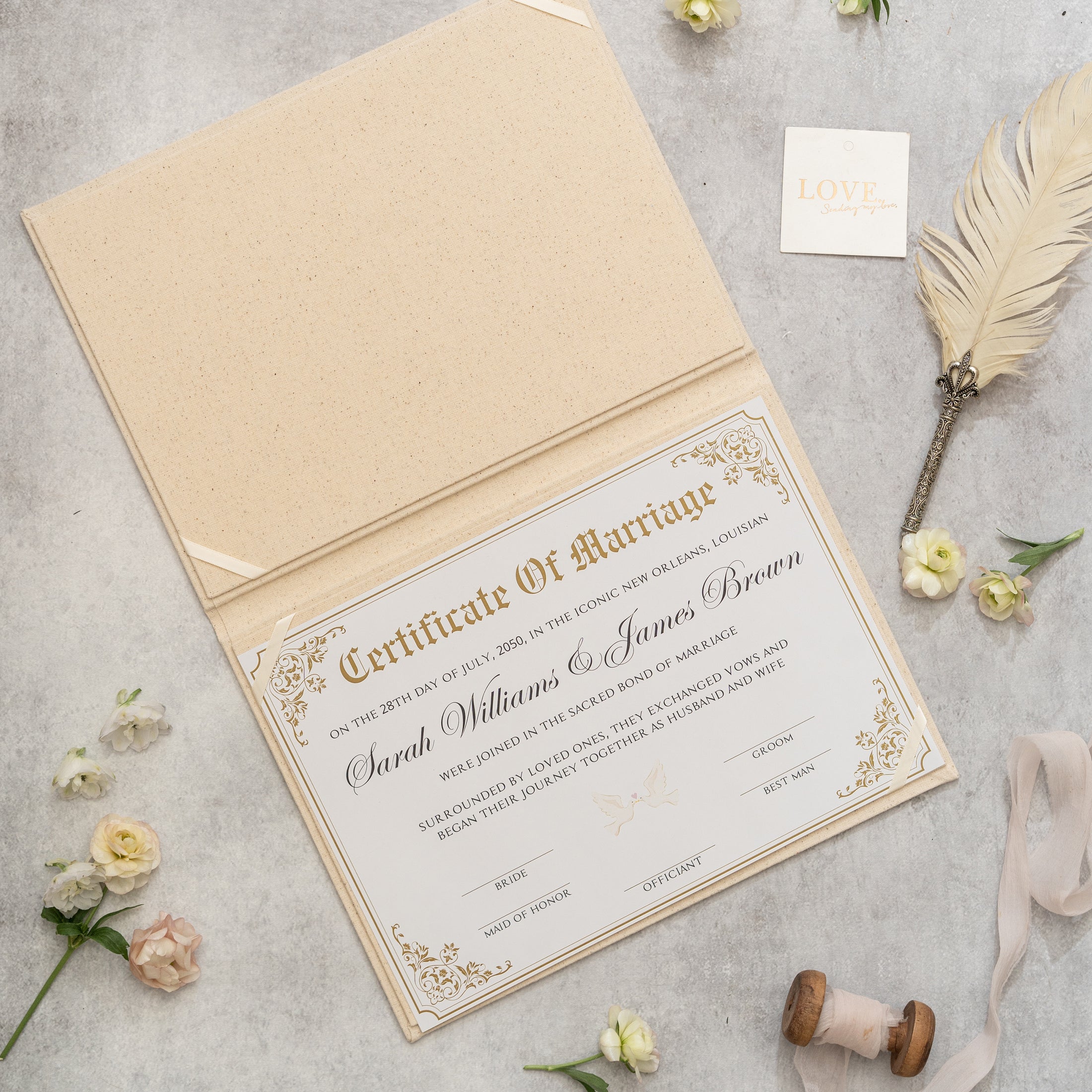 Premium Natural Linen Cover for Marriage Certificate - Personalized Foil Stamp